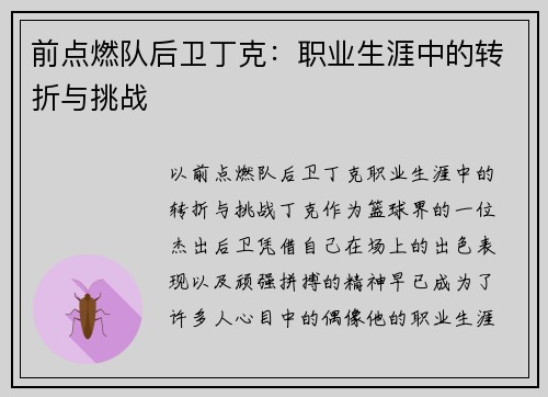 前点燃队后卫丁克：职业生涯中的转折与挑战