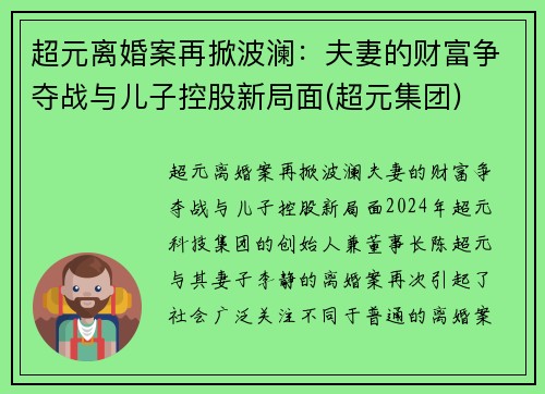 超元离婚案再掀波澜：夫妻的财富争夺战与儿子控股新局面(超元集团)