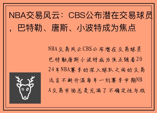 NBA交易风云：CBS公布潜在交易球员，巴特勒、唐斯、小波特成为焦点