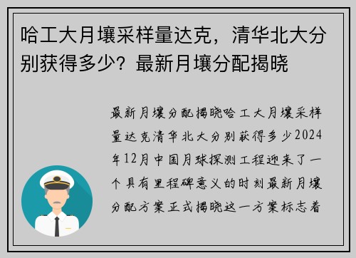 哈工大月壤采样量达克，清华北大分别获得多少？最新月壤分配揭晓