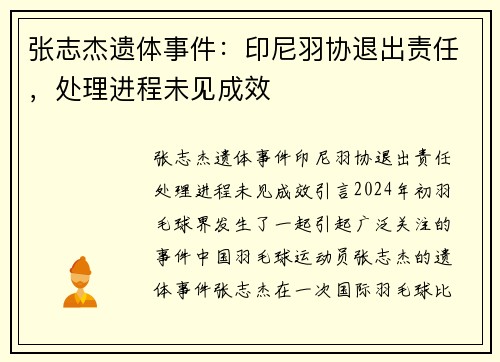 张志杰遗体事件：印尼羽协退出责任，处理进程未见成效