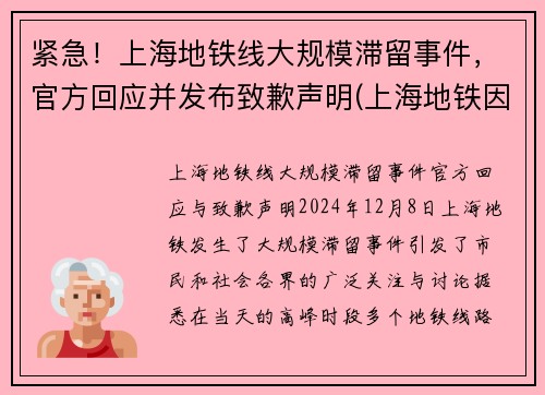 紧急！上海地铁线大规模滞留事件，官方回应并发布致歉声明(上海地铁因故稍作停留)