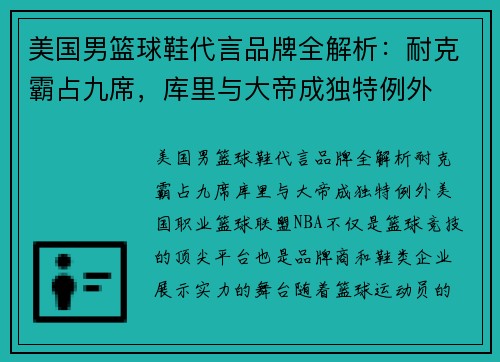 美国男篮球鞋代言品牌全解析：耐克霸占九席，库里与大帝成独特例外
