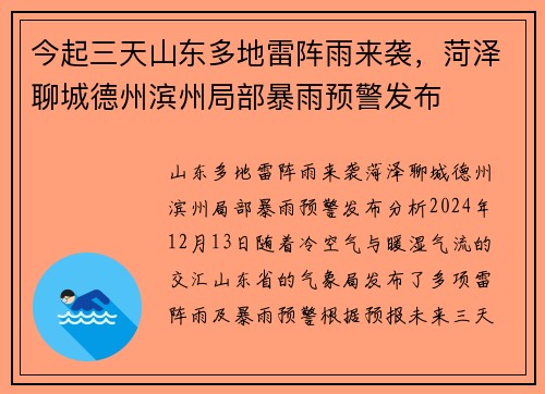 今起三天山东多地雷阵雨来袭，菏泽聊城德州滨州局部暴雨预警发布