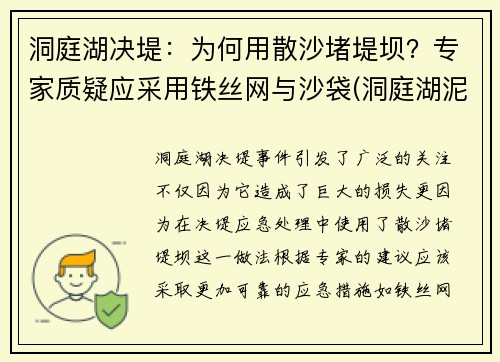 洞庭湖决堤：为何用散沙堵堤坝？专家质疑应采用铁丝网与沙袋(洞庭湖泥沙)