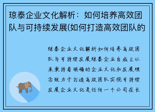 琼泰企业文化解析：如何培养高效团队与可持续发展(如何打造高效团队的培训心得)