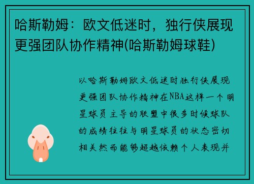 哈斯勒姆:欧文低迷时,独行侠展现更强团队协作精神(哈斯勒姆球鞋)