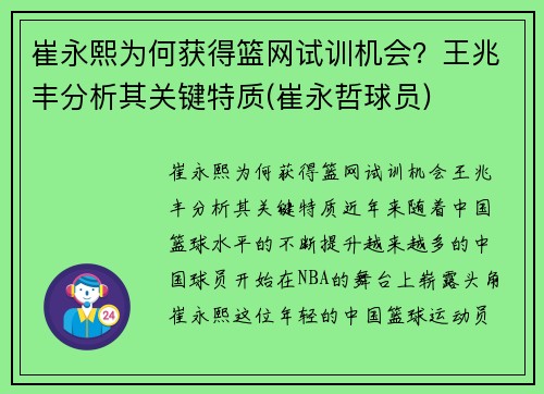 崔永熙为何获得篮网试训机会？王兆丰分析其关键特质(崔永哲球员)