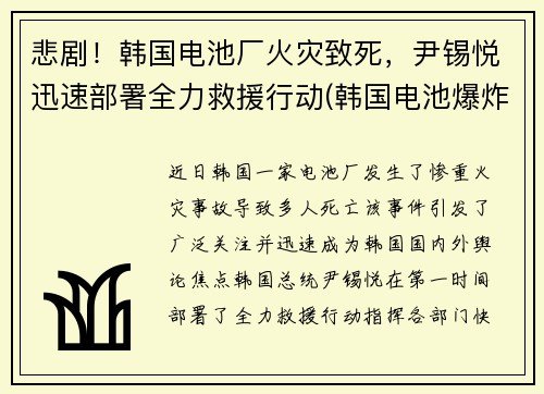 悲剧！韩国电池厂火灾致死，尹锡悦迅速部署全力救援行动(韩国电池爆炸)