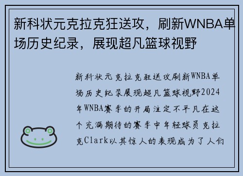 新科状元克拉克狂送攻，刷新WNBA单场历史纪录，展现超凡篮球视野