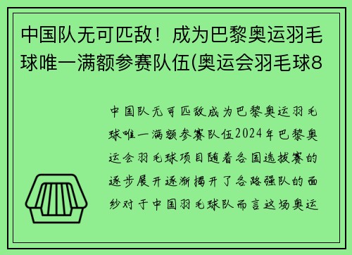 中国队无可匹敌！成为巴黎奥运羽毛球唯一满额参赛队伍(奥运会羽毛球8强)