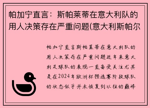 帕加宁直言：斯帕莱蒂在意大利队的用人决策存在严重问题(意大利斯帕尔)