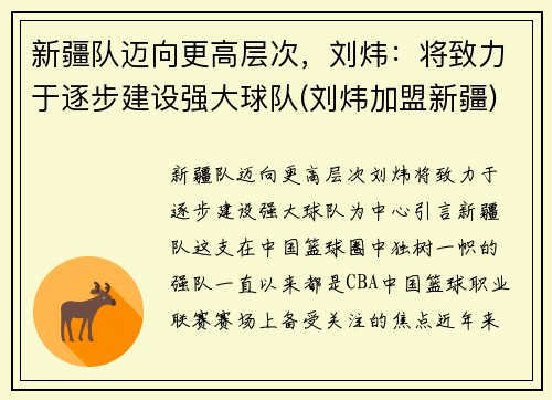 新疆队迈向更高层次，刘炜：将致力于逐步建设强大球队(刘炜加盟新疆)
