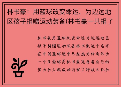 林书豪：用篮球改变命运，为边远地区孩子捐赠运动装备(林书豪一共捐了多少钱)
