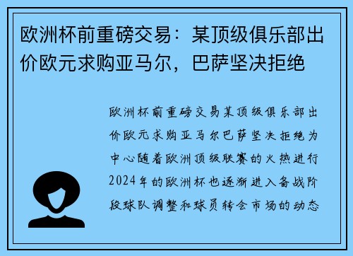 欧洲杯前重磅交易：某顶级俱乐部出价欧元求购亚马尔，巴萨坚决拒绝