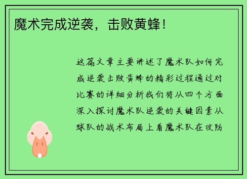 魔术完成逆袭，击败黄蜂！